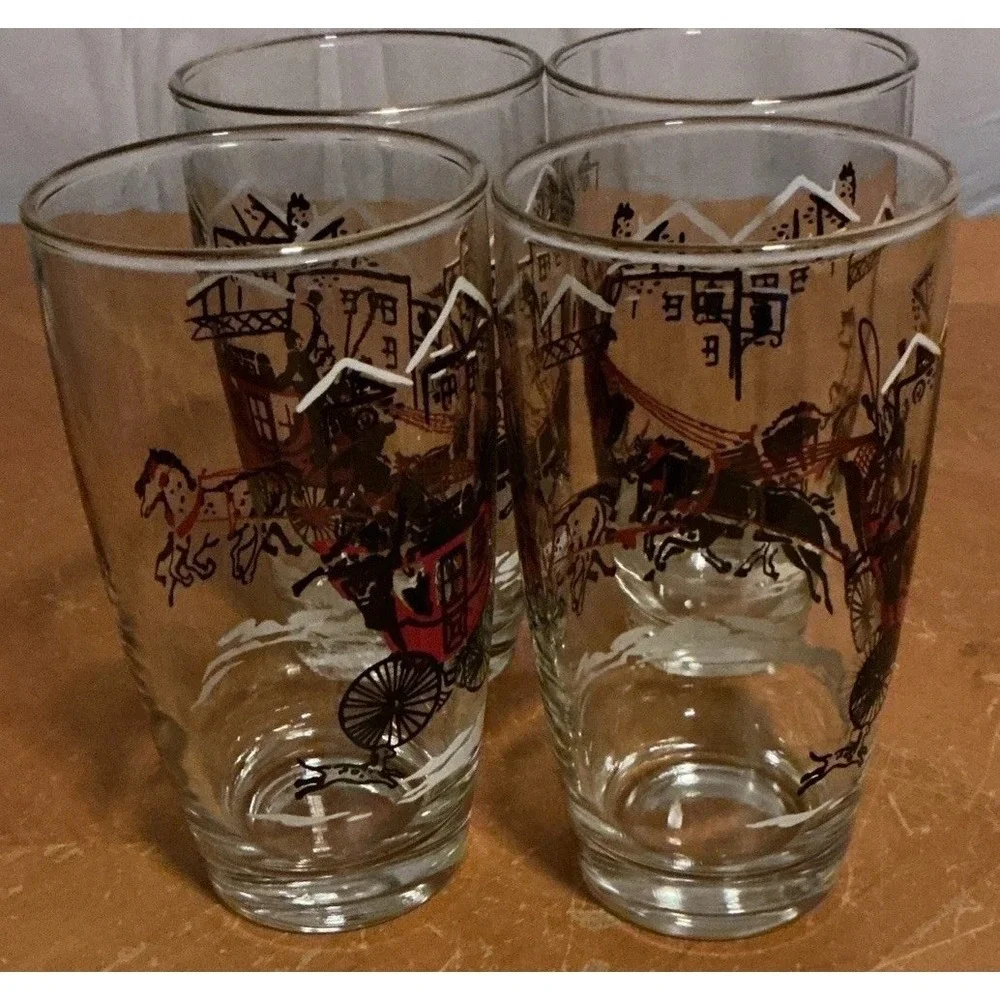 Vintage 1950s Libbey Stagecoach Horses Christmas Glasses, Set Of‎ 4, Gold Rim